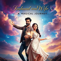 A cinematic poster featuring an Indian husband and wife, both endowed with magical powers