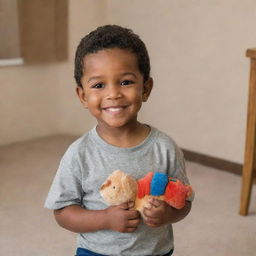 A 4-year-old boy with dark skin, black hair, and brown eyes, sporting short hair, is smiling slightly as he gazes ahead, clutching a toy in his hand. He's situated indoors in a cozy house.