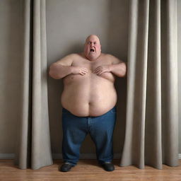 Render a realistic image of an overweight, bald man appearing frustrated or angry at a curtain.