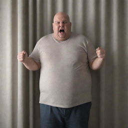 Render a realistic image of an overweight, bald man appearing frustrated or angry at a curtain.