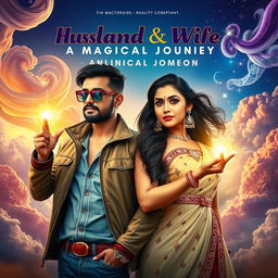 A cinematic poster featuring an Indian husband and wife, both possessing magical powers