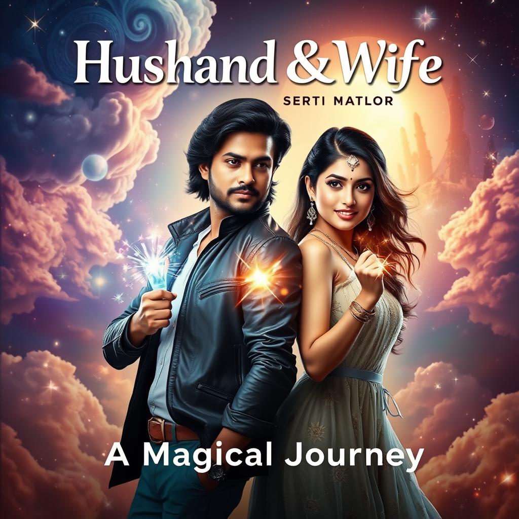 A cinematic poster featuring an Indian husband and wife, both possessing magical powers