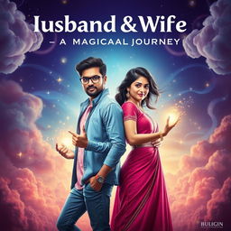 A cinematic poster featuring an Indian husband and wife, both possessing magical powers