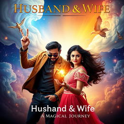 A cinematic poster featuring an Indian husband and wife, both possessing magical powers