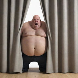 Render a realistic image of an overweight, bald man appearing frustrated or angry at a curtain.