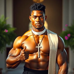 A young, strong Black priest standing confidently, showcasing a commanding presence