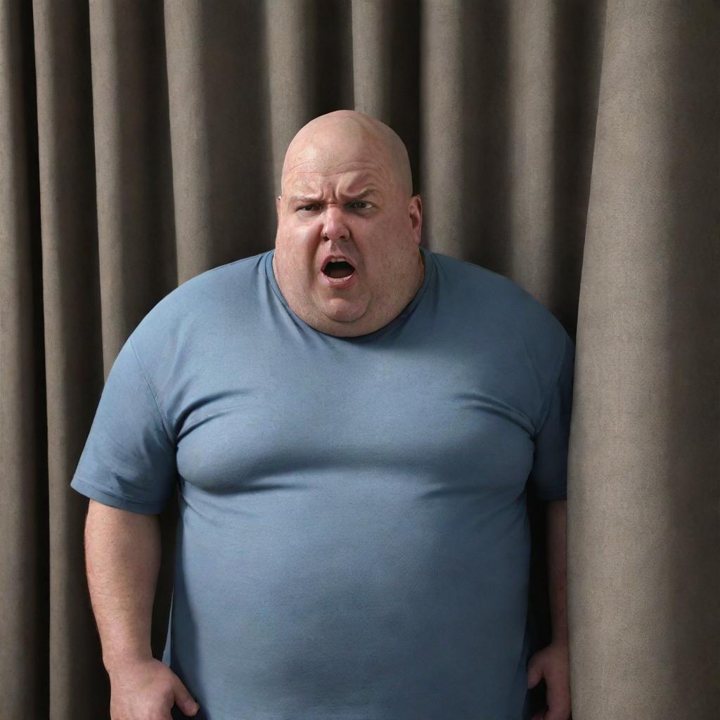 Render a realistic image of an overweight, bald man appearing frustrated or angry at a curtain.