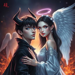 A dramatic book cover featuring the themes of LGBT romance, angels, and demons