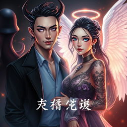 A dramatic book cover featuring the themes of LGBT romance, angels, and demons