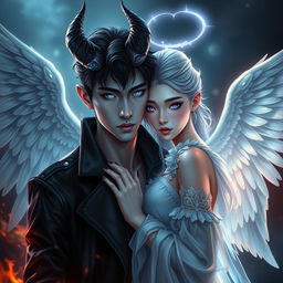 A dramatic book cover featuring the themes of LGBT romance, angels, and demons