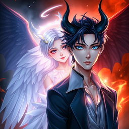 A dramatic book cover featuring the themes of LGBT romance, angels, and demons