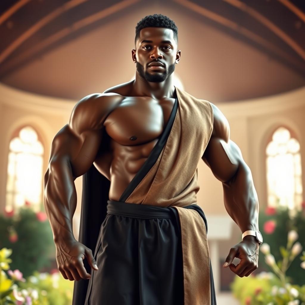 A young, strong Black priest standing confidently in a powerful pose, highlighting his muscular physique and self-assured demeanor