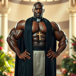 A young, strong Black priest standing confidently in a powerful pose, highlighting his muscular physique and self-assured demeanor