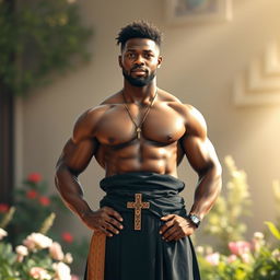 A young, strong Black priest standing confidently in a powerful pose, highlighting his muscular physique and self-assured demeanor