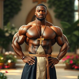 A young, strong Black priest standing confidently in a powerful pose, highlighting his muscular physique and self-assured demeanor