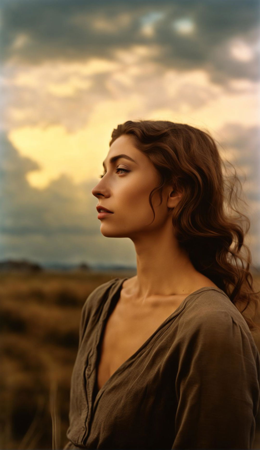 Unfiltered, unedited ultra high-resolution 36k real-life candid photograph in Dorothea Lange style of a beautiful 27-year-old woman with facial symmetry, round pupils, long eyelashes, full lips in side profile, low light, low angle against a landscape with clouds at sunset. Upper body shot.