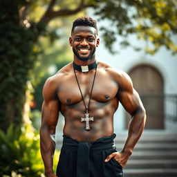 A young, strong Black priest standing confidently without traditional clerical attire, showcasing his muscular build and captivating presence