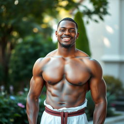 A young, strong Black priest standing confidently without traditional clerical attire, showcasing his muscular build and captivating presence