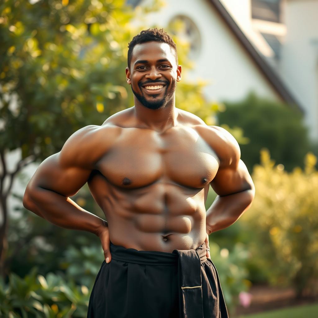 A young, strong Black priest standing confidently without traditional clerical attire, showcasing his muscular build and captivating presence