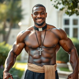 A young, strong Black priest standing confidently without traditional clerical attire, showcasing his muscular build and captivating presence