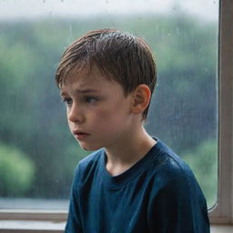 A young boy standing by a window, looking out at the pouring rain with a forlorn expression, hinting at a deep sadness.