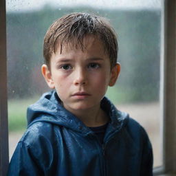 A young boy standing by a window, looking out at the pouring rain with a forlorn expression, hinting at a deep sadness.