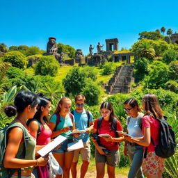 A vibrant scene of a group of diverse students on a study tour, exploring ancient ruins surrounded by lush greenery