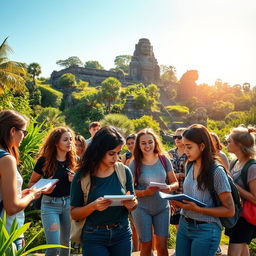 A vibrant scene of a group of diverse students on a study tour, exploring ancient ruins surrounded by lush greenery