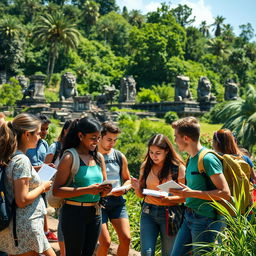 A vibrant scene of a group of diverse students on a study tour, exploring ancient ruins surrounded by lush greenery