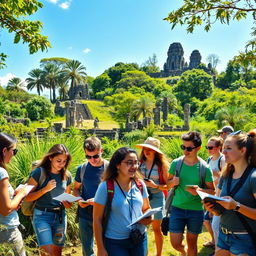 A vibrant scene of a group of diverse students on a study tour, exploring ancient ruins surrounded by lush greenery