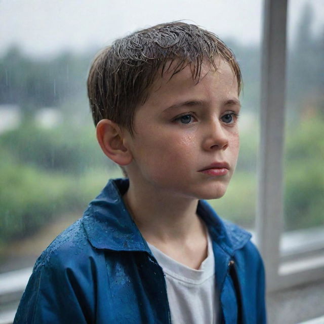 A young boy standing by a window, looking out at the pouring rain with a forlorn expression, hinting at a deep sadness.