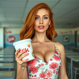 A close-up shot focusing on the chest and torso of a stunning redhead woman wearing a floral pattern sundress that accentuates her large chest and features a slight cleavage