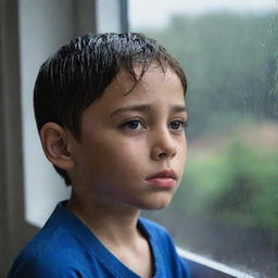 A young boy standing by a window, looking out at the pouring rain with a forlorn expression, hinting at a deep sadness.