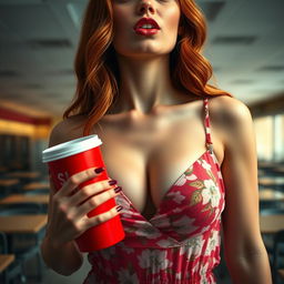 A close-up shot of a gorgeous female redhead showcasing her upper torso, wearing a floral pattern sundress that beautifully highlights her large chest and subtle cleavage