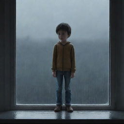 A full body depiction of a young boy, animated style, looking melancholic as he stands by a window, the heavy rain pouring down outside reflecting his sadness.