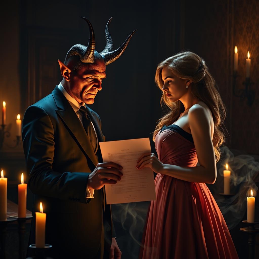 A hyper-realistic depiction of the Devil making a pact with a woman