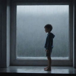 A full body depiction of a young boy, animated style, looking melancholic as he stands by a window, the heavy rain pouring down outside reflecting his sadness.