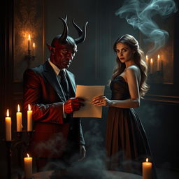 A hyper-realistic depiction of the Devil making a pact with a woman