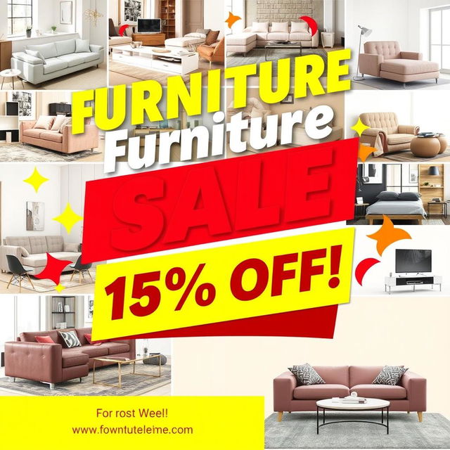 A vibrant advertisement poster for a furniture sale featuring a bold and eye-catching design