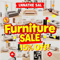 A vibrant advertisement poster for a furniture sale featuring a bold and eye-catching design