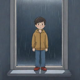 A full body depiction of a young boy, animated style, looking melancholic as he stands by a window, the heavy rain pouring down outside reflecting his sadness.