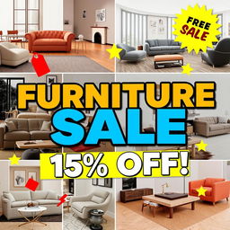 A vibrant advertisement poster for a furniture sale featuring a bold and eye-catching design