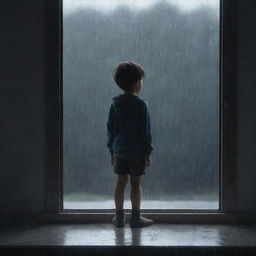 A full body depiction of a young boy, animated style, looking melancholic as he stands by a window, the heavy rain pouring down outside reflecting his sadness.