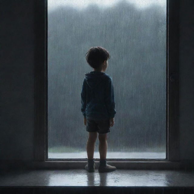 A full body depiction of a young boy, animated style, looking melancholic as he stands by a window, the heavy rain pouring down outside reflecting his sadness.