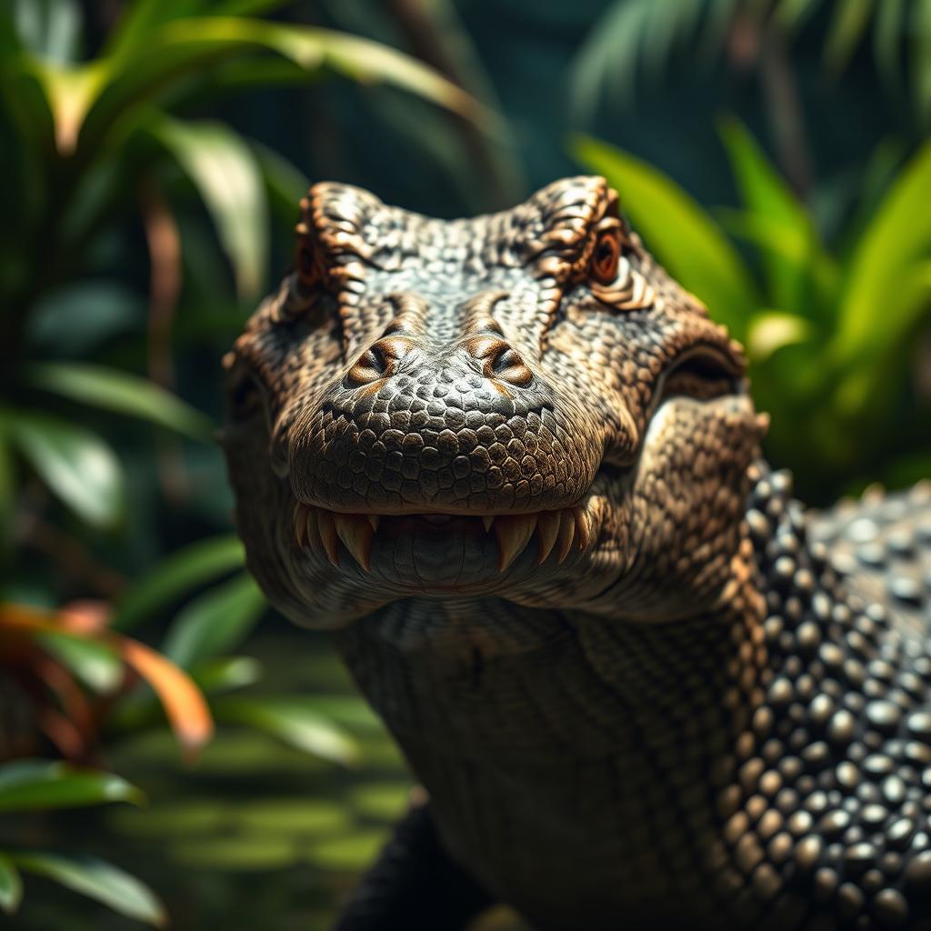 A strikingly detailed close-up of a crocodile's head, showcasing its textured, scaly skin and fierce, piercing eyes