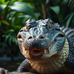 A strikingly detailed close-up of a crocodile's head, showcasing its textured, scaly skin and fierce, piercing eyes