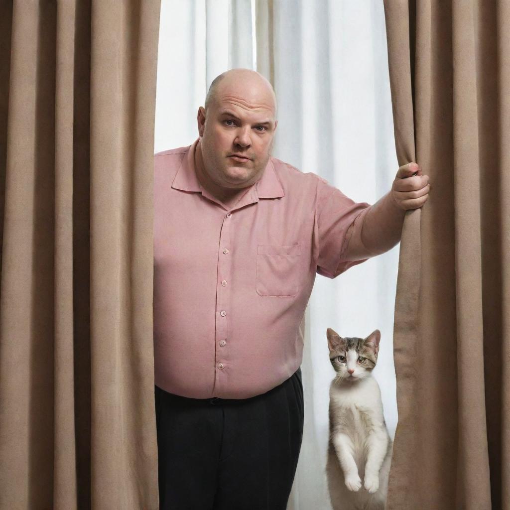 Create a realistically styled image of a hefty, bald man, infuriated and attempting to wreak havoc on a curtain. Nearby, a calm kitten looks on.