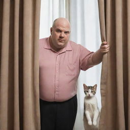 Create a realistically styled image of a hefty, bald man, infuriated and attempting to wreak havoc on a curtain. Nearby, a calm kitten looks on.