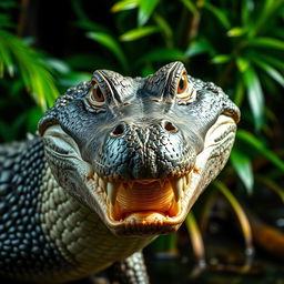 A strikingly detailed close-up of a crocodile's head, showcasing its textured, scaly skin and fierce, piercing eyes