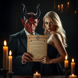 A hyper-realistic depiction of the Devil making a pact with a blonde woman looking directly at the viewer